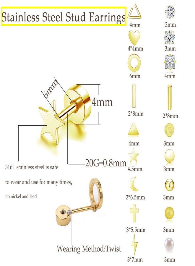 Staligue Flat Back Earrings Hypoallergenic,18 Pairs Stainless Steel Flat Back Stud Earrings for Women Men 20G Star Moon Heart Disc Ball CZ Cartilage Earrings Screw Back Flatback Earrings for Sensitive Ears - Image 3